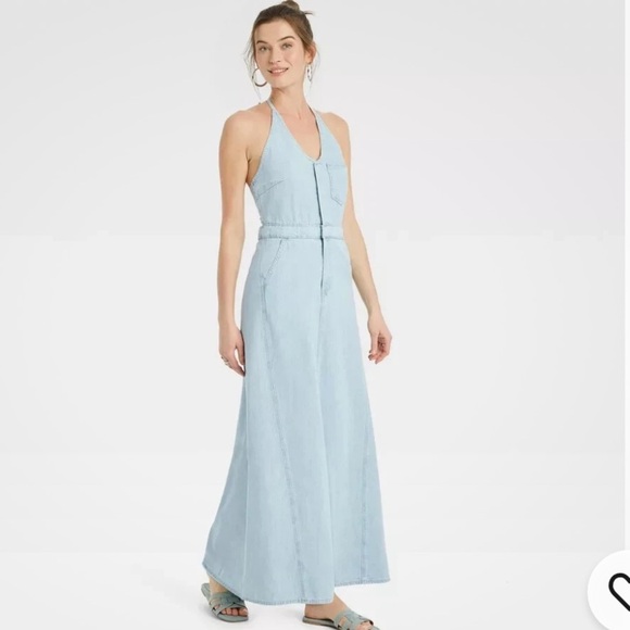 Universal Thread Light Blue Denim Halter Style Maxi Dress -- Women's Size 14 - Picture 3 of 4